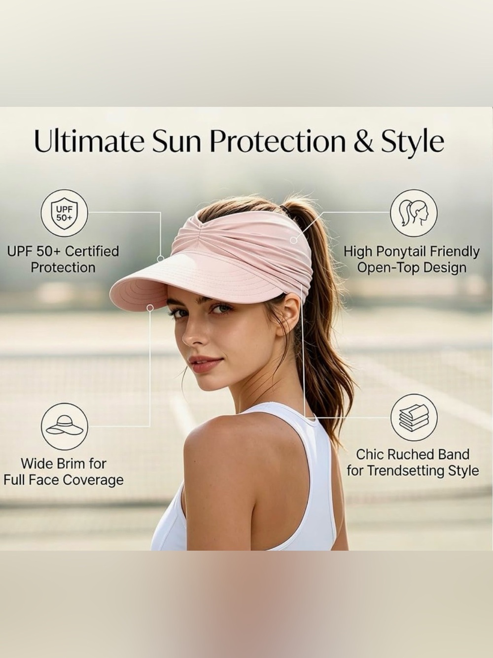 Women's BEIGE UPF 50+ UV Protect Sun Visor Hat Wide Brim Lightweight Ponytail
